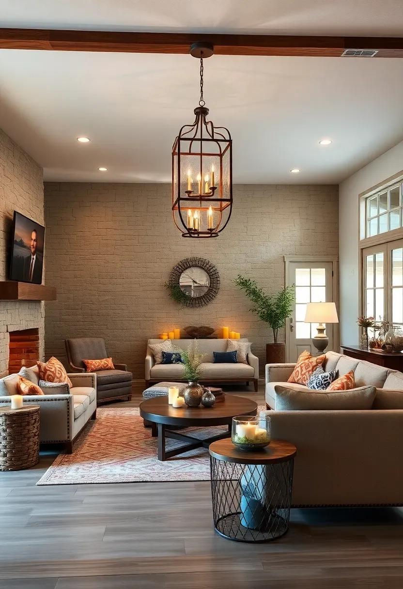 Wrap up ​your tour with a cozy and inviting living room, where ‍a⁣ simple, ‌lantern-style chandelier enhances the warm glow ⁢of flickering candles, ‌setting the stage for memorable gatherings