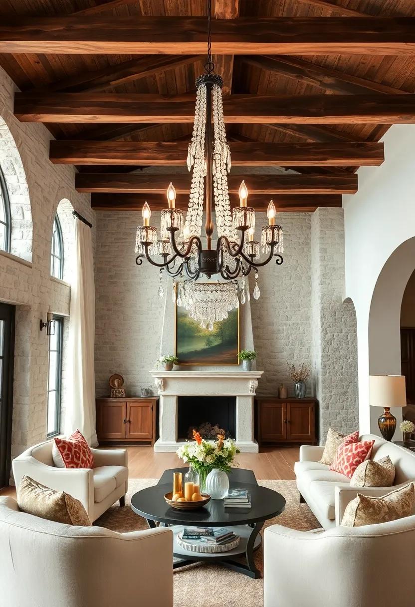 Step ⁣into a vintage-inspired space ⁣featuring a wrought iron chandelier draped with ‍crystal accents, beautifully contrasting against the rustic ⁢wooden beams overhead and plush upholstered furniture