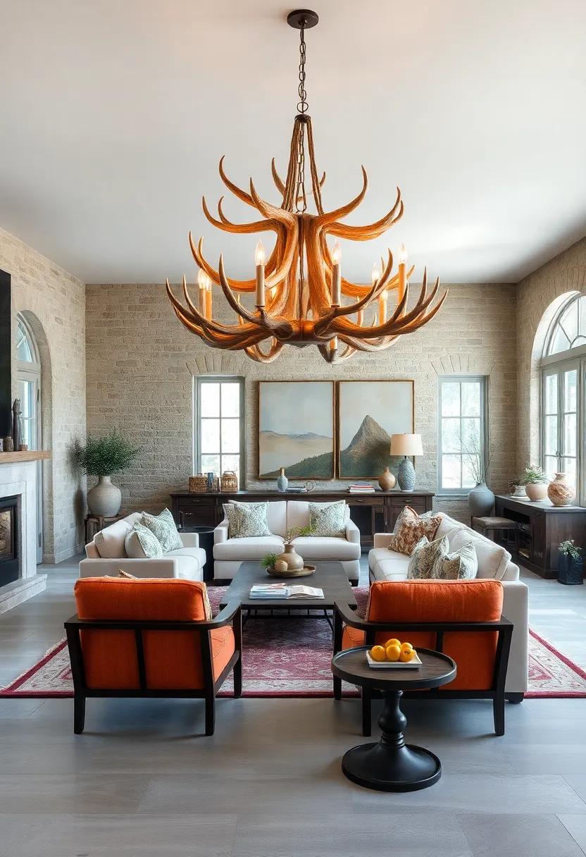 Experience the charm of a sun-kissed country retreat,​ where a large, artisanal hanging fixture crafted from antlers ‍becomes a striking centerpiece, embodying‍ both rustic elegance​ and nature's bounty