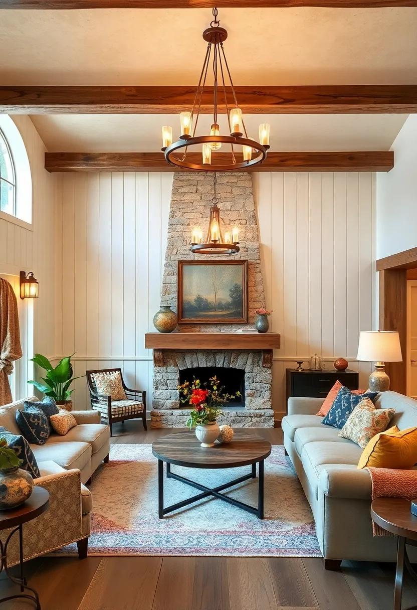 Conjure up memories in a countryside escape where a handcrafted chandelier made of metal and rustic ⁤glass illuminates the painted‍ beadboard walls, enhancing the home’s heritage