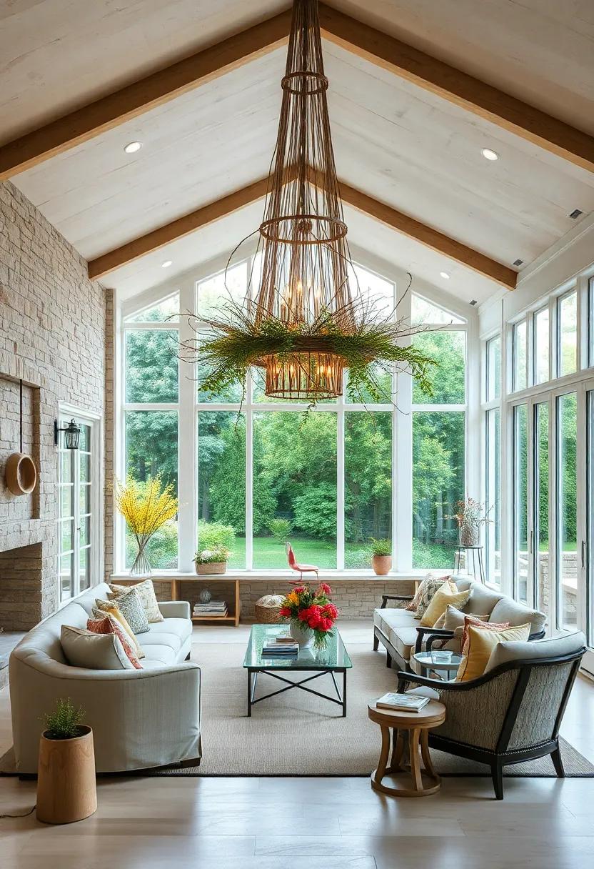 Imagine a spacious sunroom where a ‌multi-tiered chandelier made of twigs and greenery hangs whimsically, seamlessly blending indoors with the surrounding lush garden views