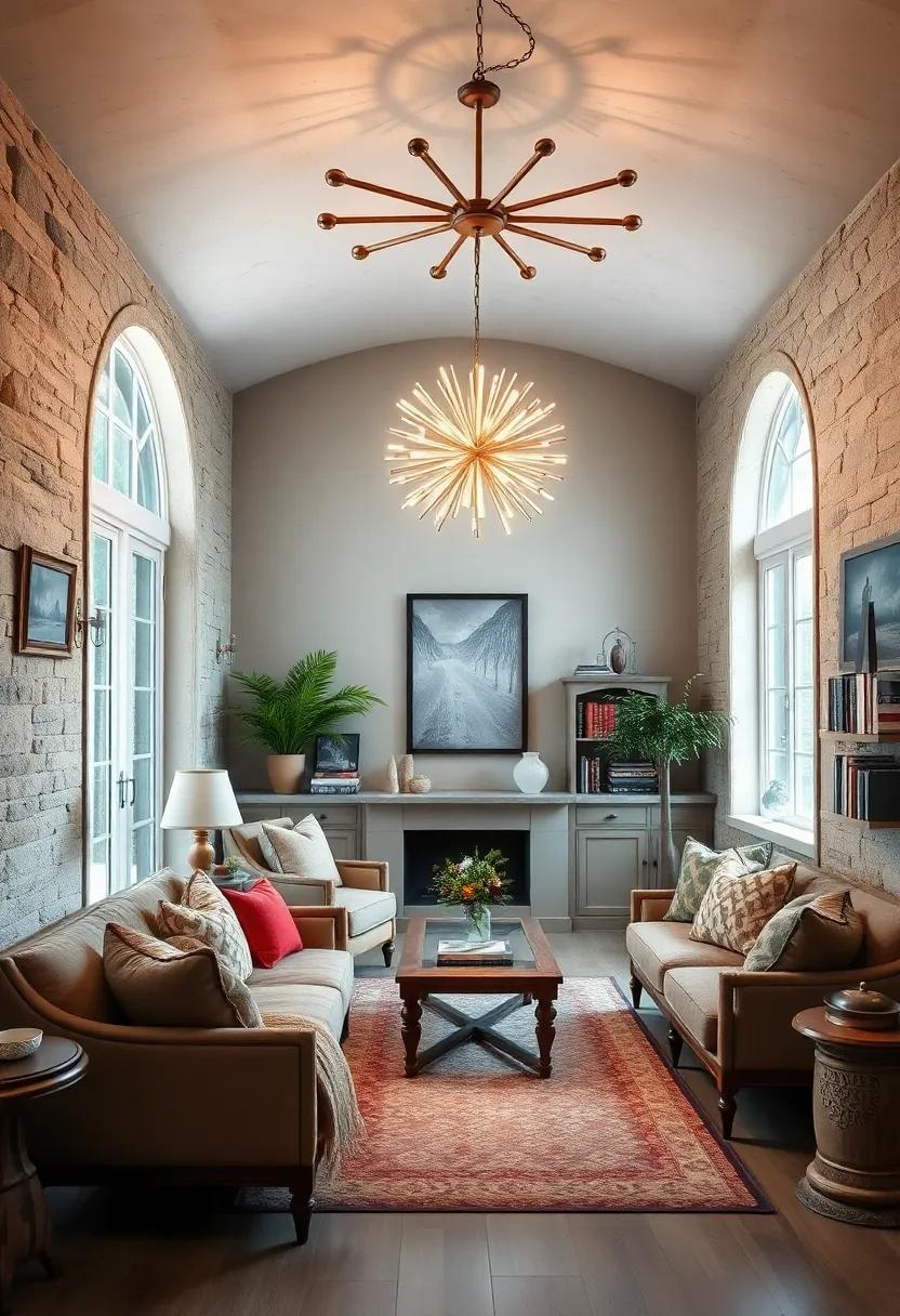 Picture a cozy corner of‌ a ‍log cabin, illuminated by‌ a rugged chandelier woven from rustic branches and lanterns, bringing an ​inviting glow to the leather seating‍ and stone ‌fireplace