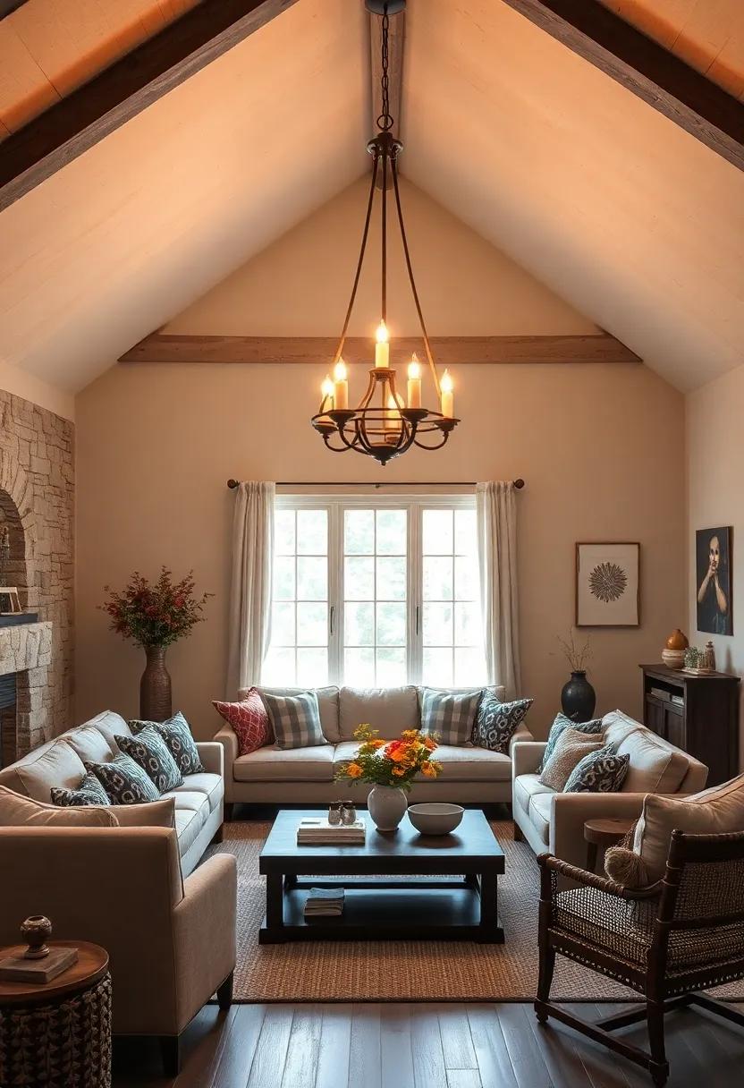 Bask in⁣ the romantic ​glow of a candle-style chandelier⁢ hanging above a plush seating arrangement, enhancing ‌the cozy vibe of a finished ⁤attic turned living room