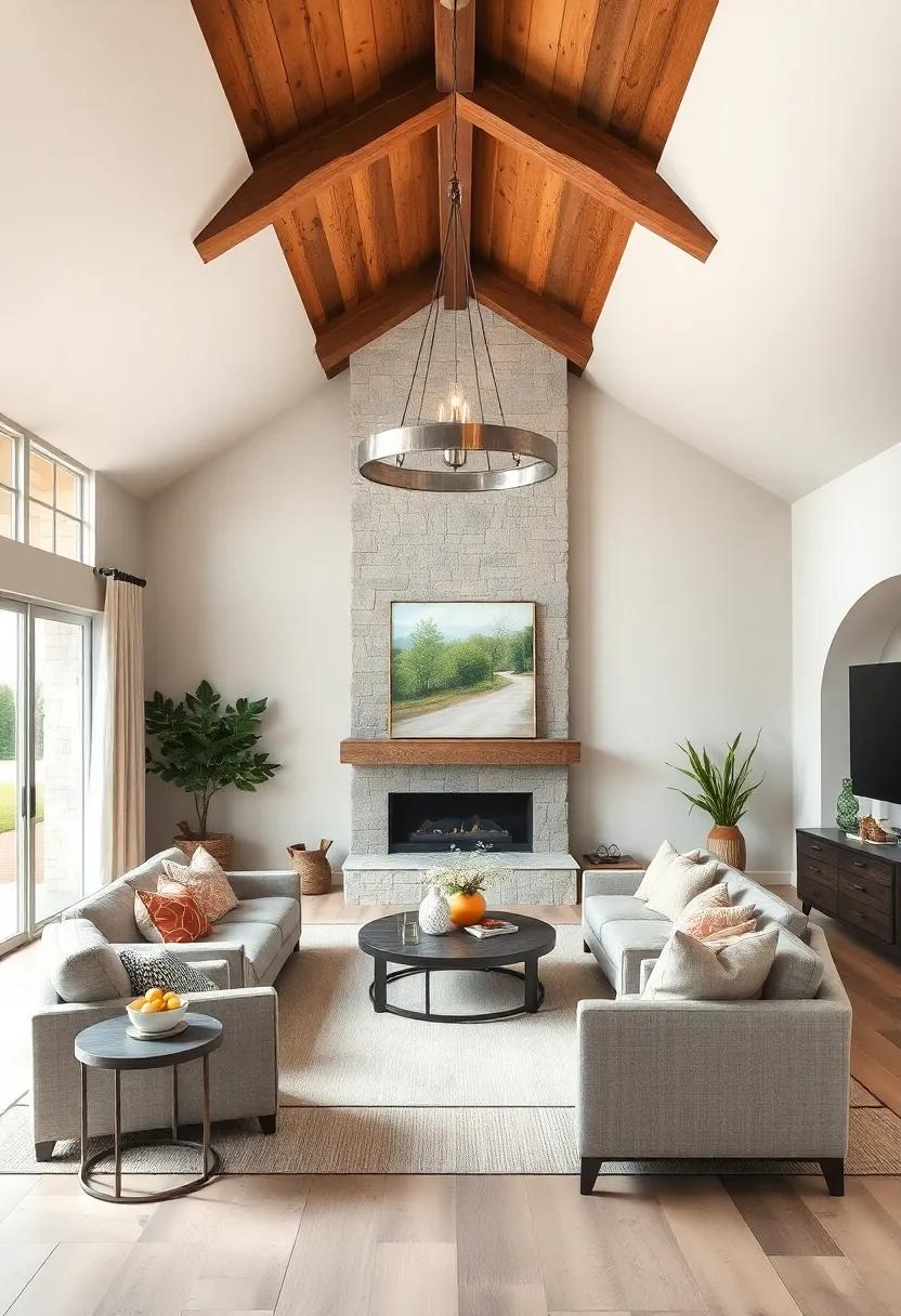 Step into a modern ranch-style living⁣ room, where a ‍polished ‍metal chandelier adds a contemporary twist ⁤to⁣ the earthy tones and natural materials that define ⁤the space