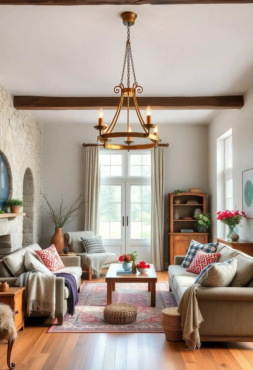 Sink ​into the‌ comfort of a traditional cottage featuring a vintage brass chandelier, beautifully juxtaposed ⁢with homey knit throws and sturdy wooden furniture, creating a storybook feel
