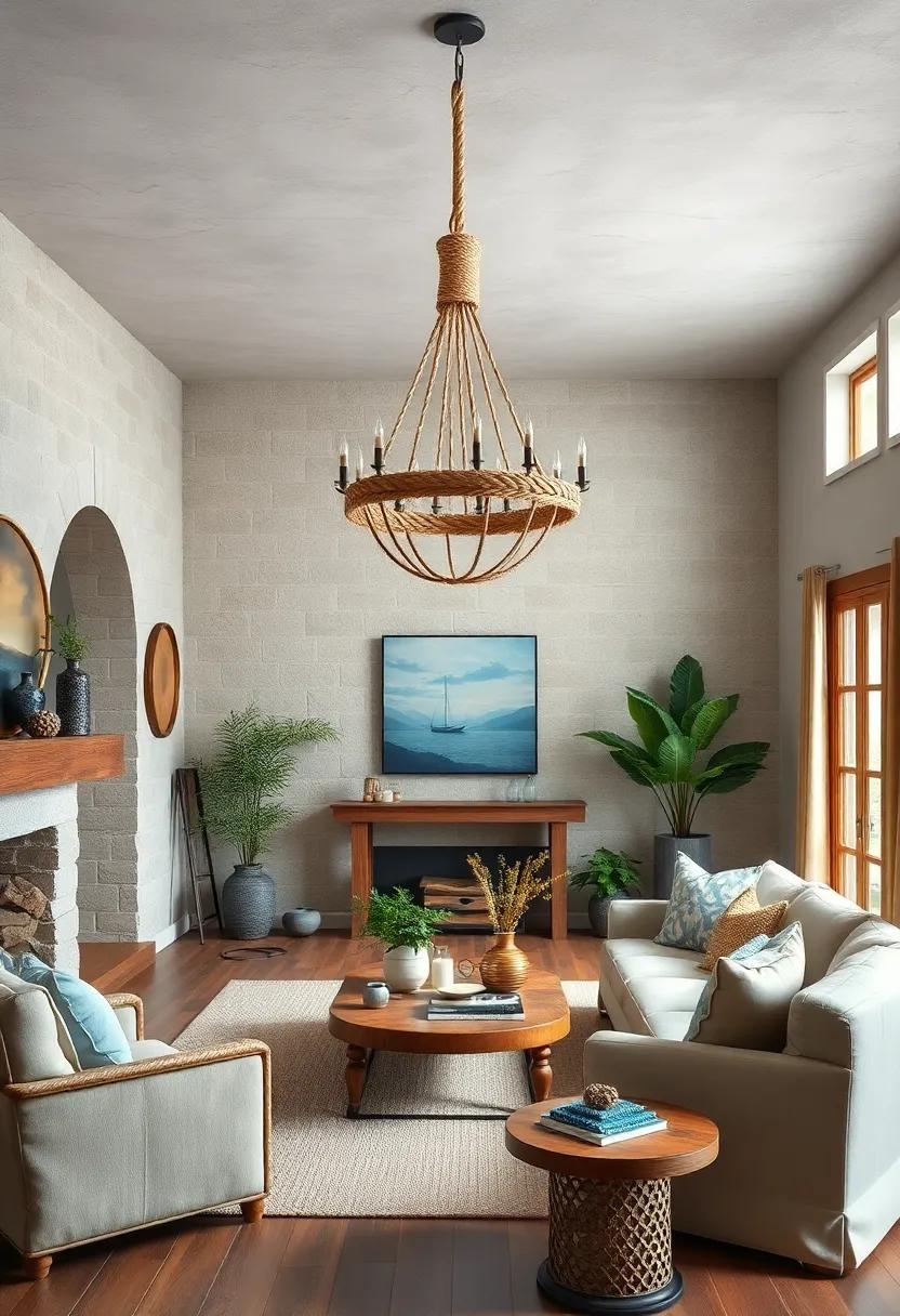 Revel in a charming alcove where ⁣an oversized, handmade chandelier with ⁢a rope design invites a ​nautical touch to an or else rustic aesthetic, evoking feelings of seaside escape