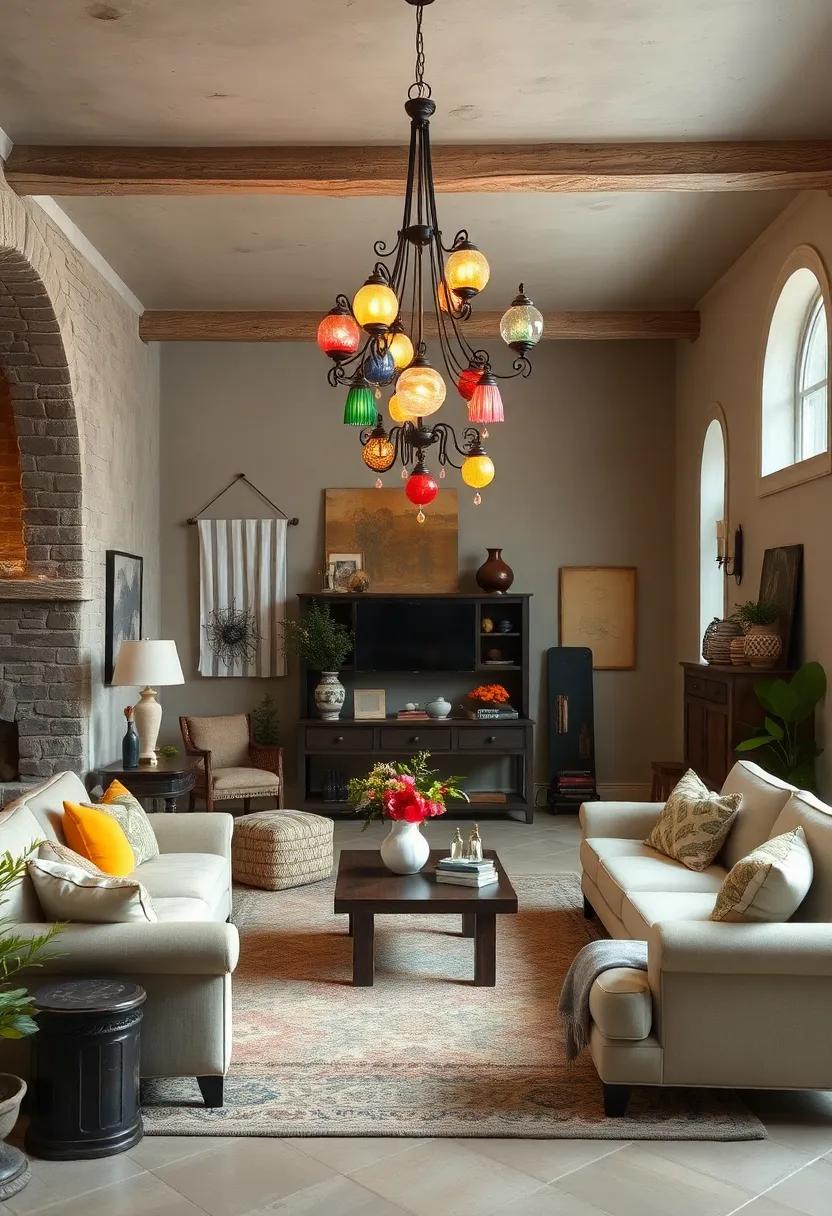Enter the enchanting realm of an eclectic living room⁢ where a colorful, mismatched chandelier adds an air of whimsy, reflecting the homeowner's artistic flair amidst vintage finds
