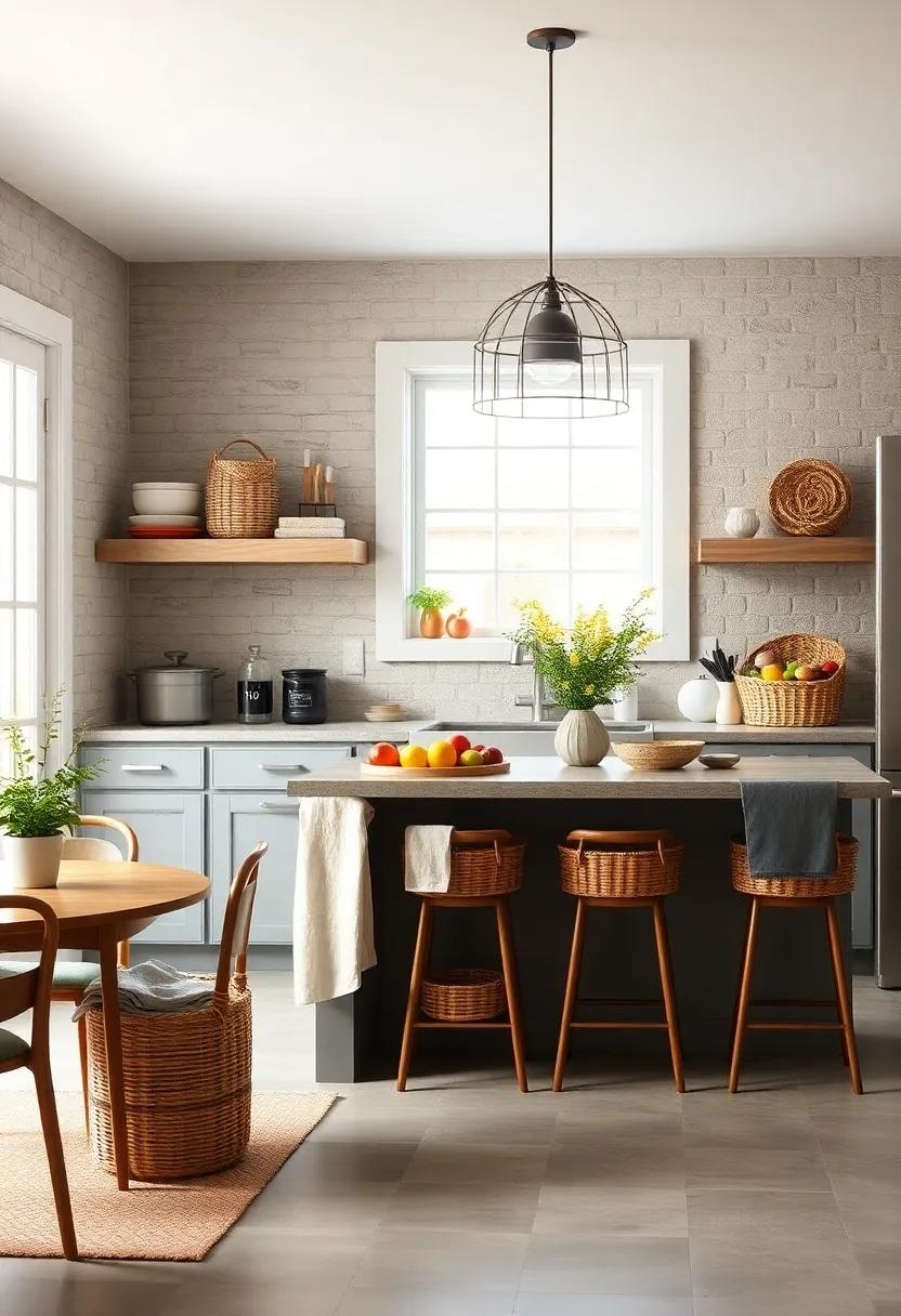 Woven Baskets: Incorporate woven baskets for stylish‌ storage, perfect for‌ fruits or‍ linens ⁤in your ⁢kitchen