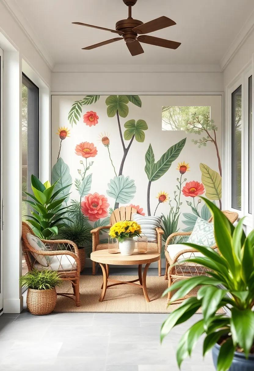 Artistic Mural or Accent Wall: use paint or removable wallpaper to create an eye-catching mural that serves as the focal point of your screened porch