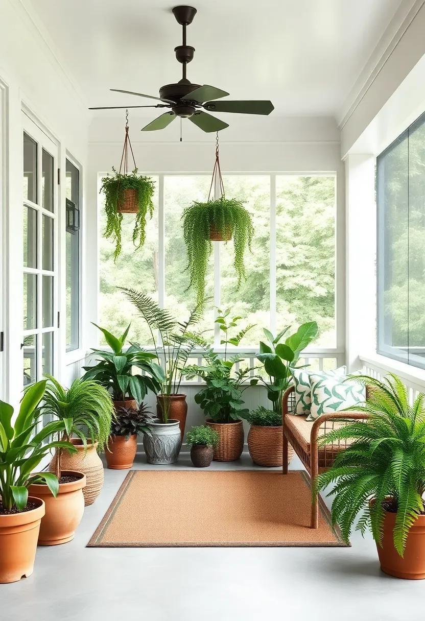 Botanical Sanctuary: Fill your porch with potted plants and hanging ferns, creating a lush green environment that promotes relaxation and connection to nature