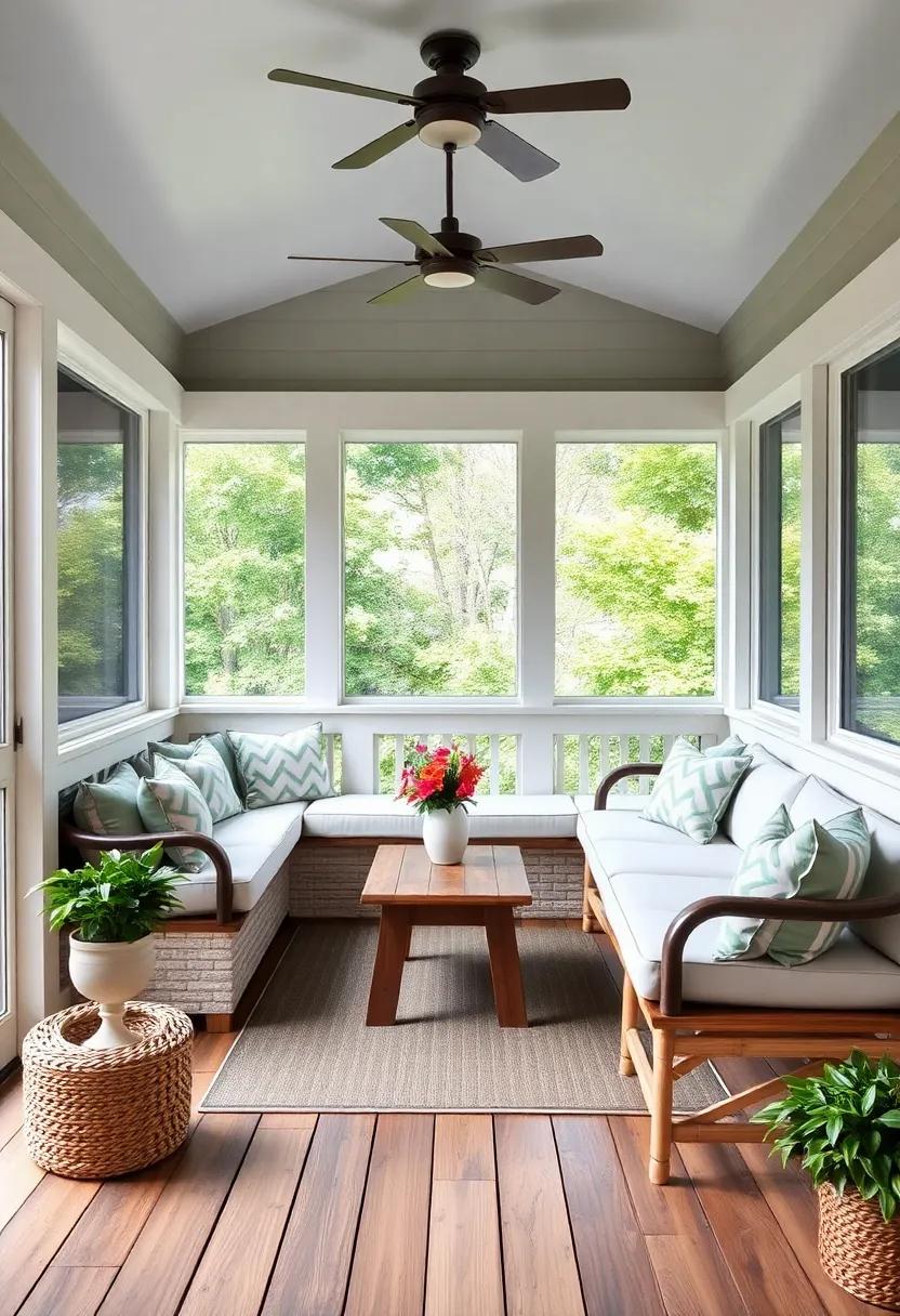 Built-in Benches: Construct built-in benches along the walls for a seamless look, complemented with cushions to create a wrap-around seating area