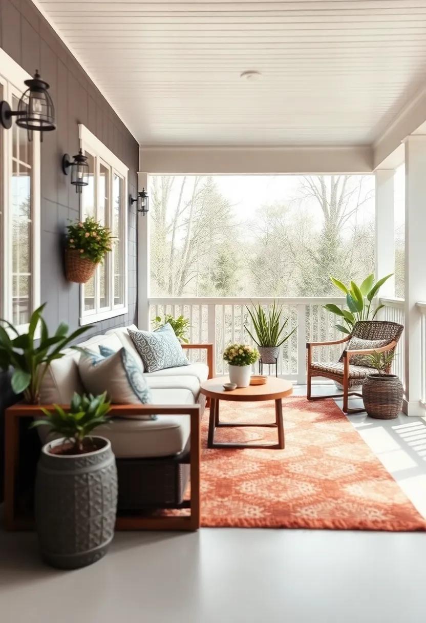 Chic outdoor Rugs: Layer the floor with stylish outdoor rugs to define spaces and add a pop of color, while also ensuring comfort beneath your feet