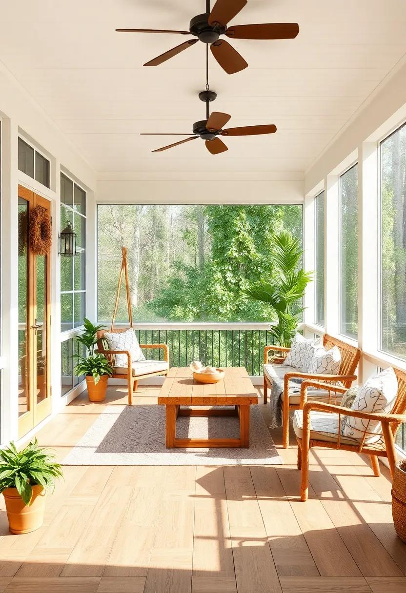 Embrace Nature with Rustic Wood Accents: Create a warm atmosphere using reclaimed wood flooring and natural wood furniture to connect your screened porch with the surrounding landscape