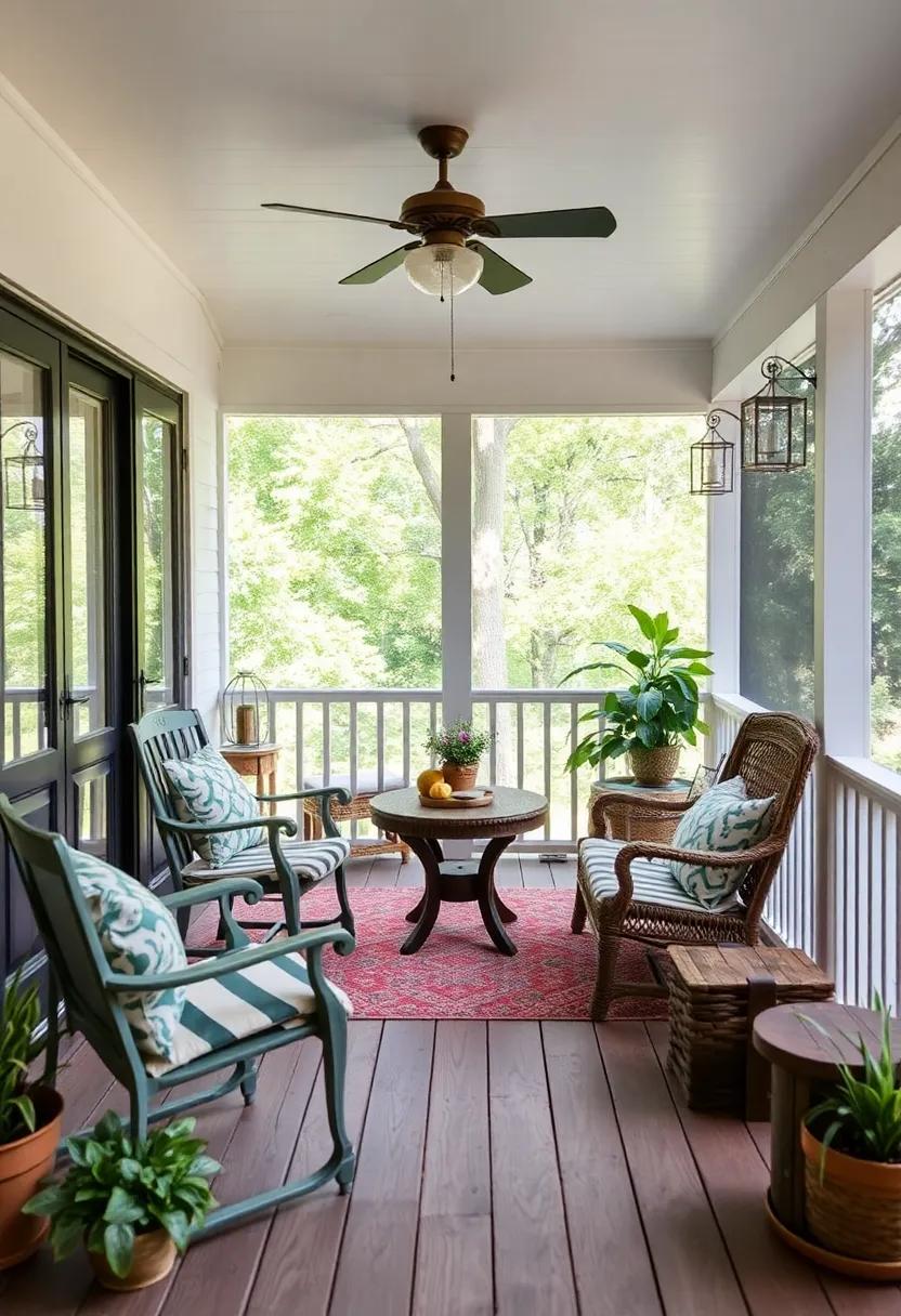Vintage Finds and Antiques: Incorporate thrifted chairs, tables, or decorative items to add character and a sense of history to your screened porch