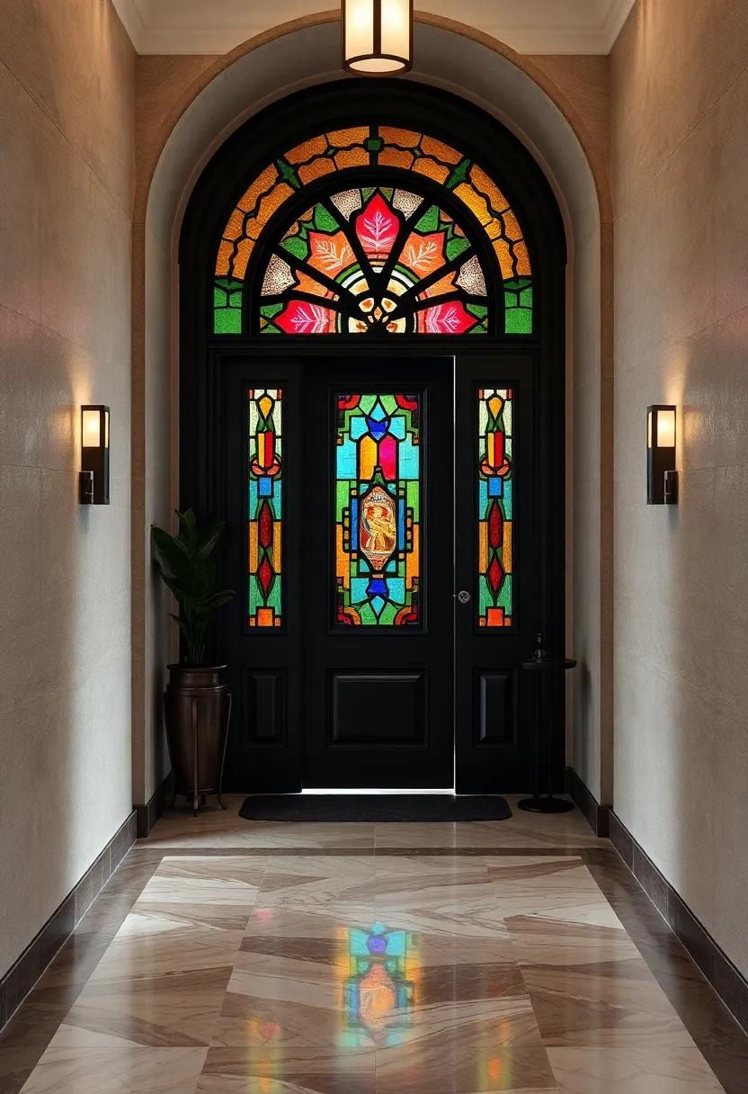 An antique-style door adorned with stained glass panels, casting colorful shadows on the marble entryway floor