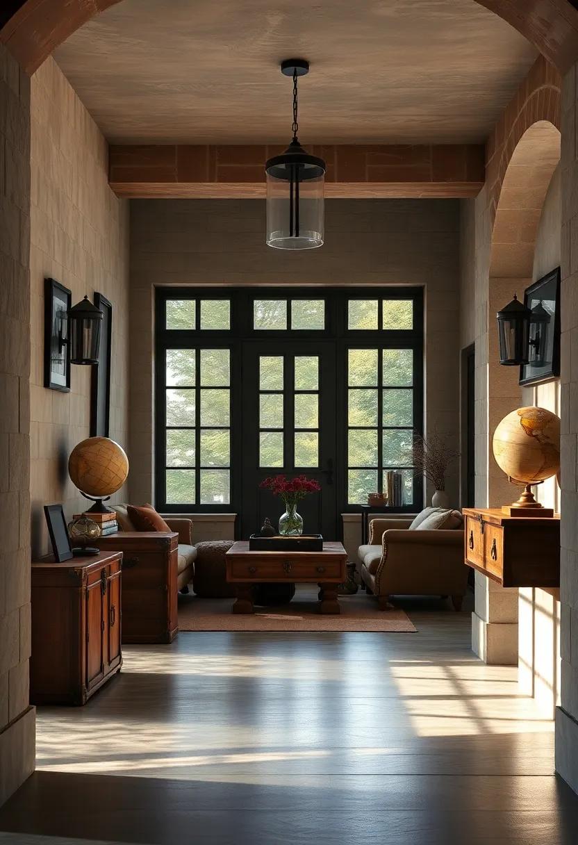 An entryway framed with vintage leather trunks and antique globes, sparking wanderlust and the pursuit of knowledge