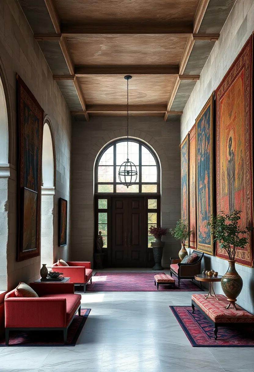 An expansive entryway adorned with richly textured tapestries that evoke a sense of historical significance and artistic beauty