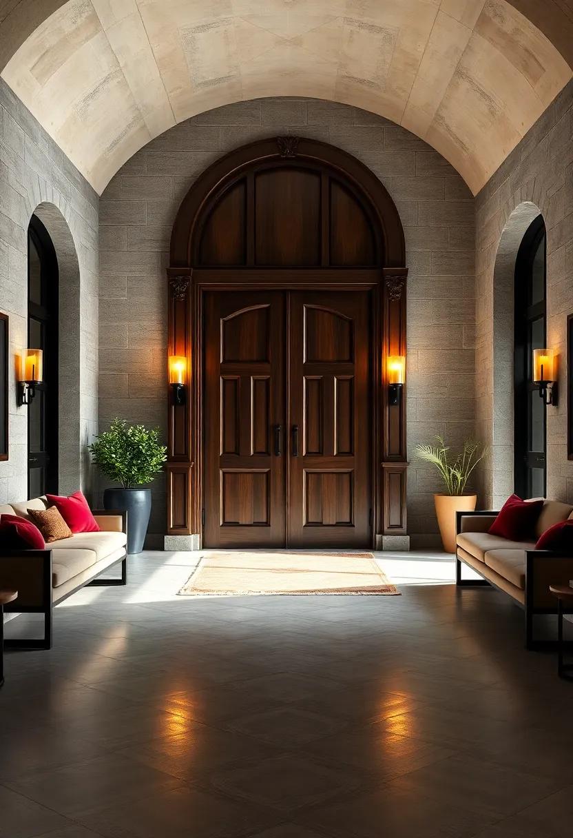 A grand double door made of dark mahogany, softened by the glow of strategically placed candle sconces that illuminate the path to knowledge