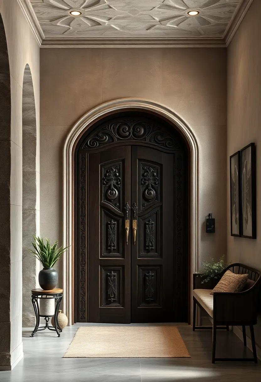 An intricately carved wooden door with aged brass hardware, exuding a sense of mystery and stories waiting to be told