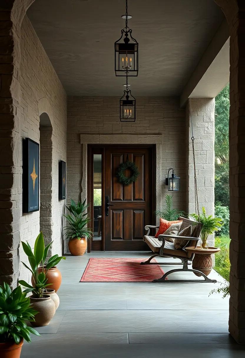 An inviting porch leading to a rustic door, complete with a weathered porch swing that invites thoughtful musings