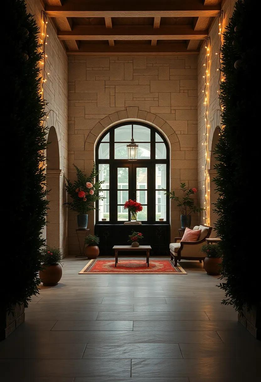 A serene entrance framed by tall hedges and illuminated with soft fairy lights, merging romance with scholarly pursuits