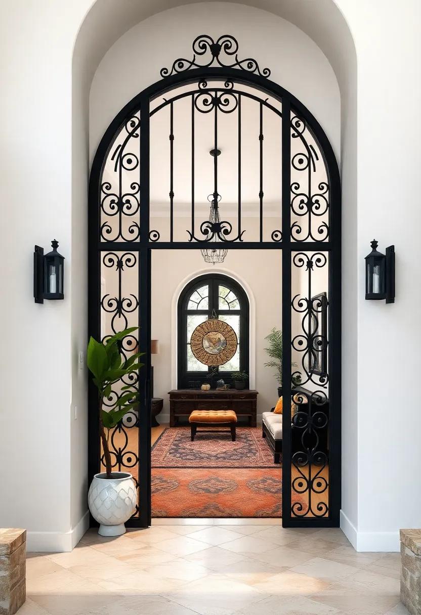 A sleek white entrance with an ornate black iron gate, beautifully juxtaposed to establish an air of elegance and anticipation