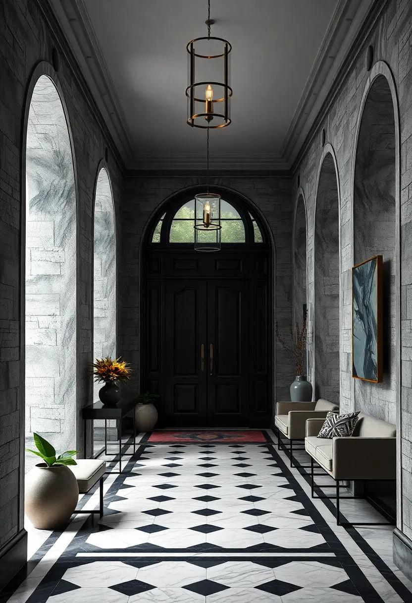 A striking entrance featuring a black and white tiled floor, marrying classic design with contemporary touches for a bold statement