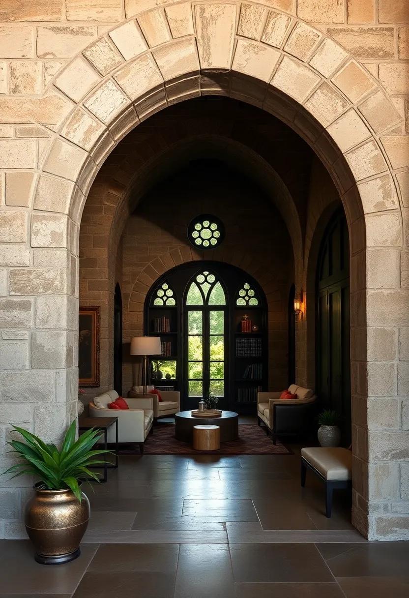 An unexpected entryway featuring a weathered stone arch that hints at hidden gardens and secret libraries beyond