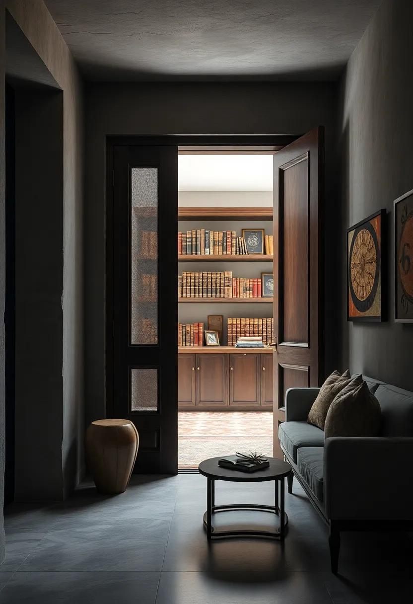 A vintage-inspired wooden screen door, slightly ajar, revealing shelves filled with leather-bound tomes behind it