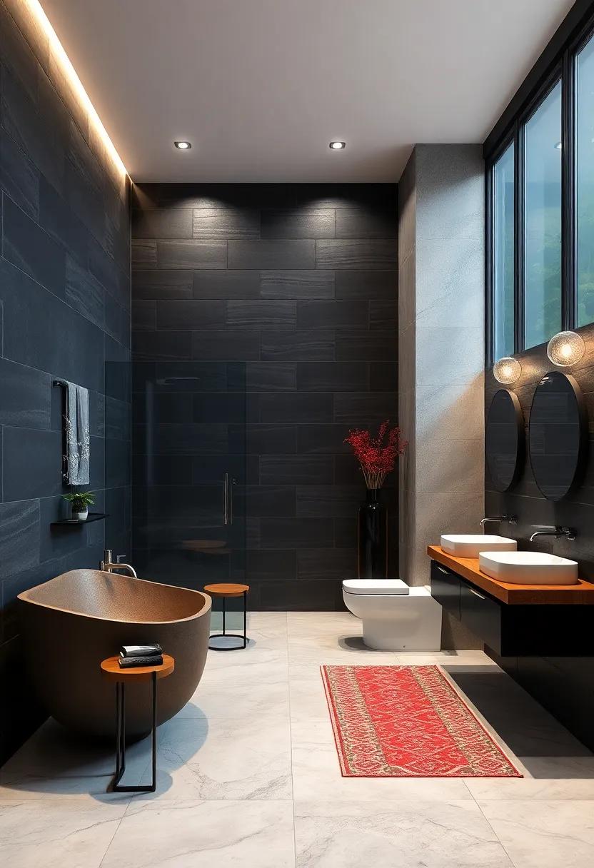 Visual Harmony: blending Dark Tiles with Natural ​Stone Features