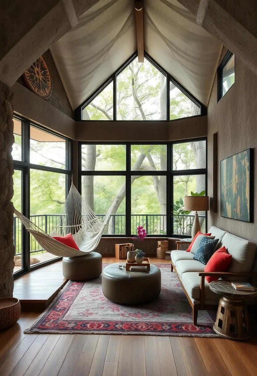 The Cozy Nook: A whimsical hideaway designed for relaxation with a hammock-strewn‍ porch⁣ and oversized windows that invite natural light⁣ and views of the treetops