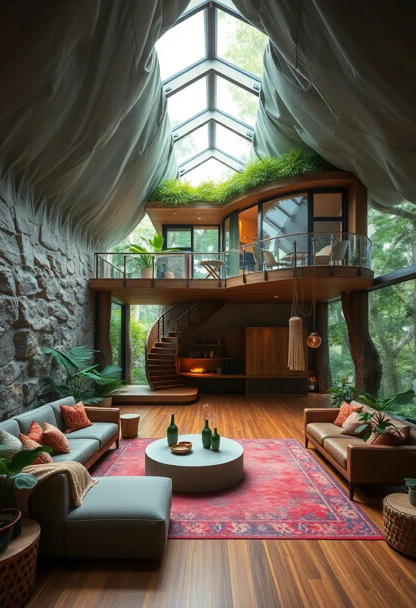 The Eco sanctuary: Featuring sustainable materials and a living roof, this treehouse harmonizes with nature, providing a perfect retreat‌ for eco-conscious adventurers