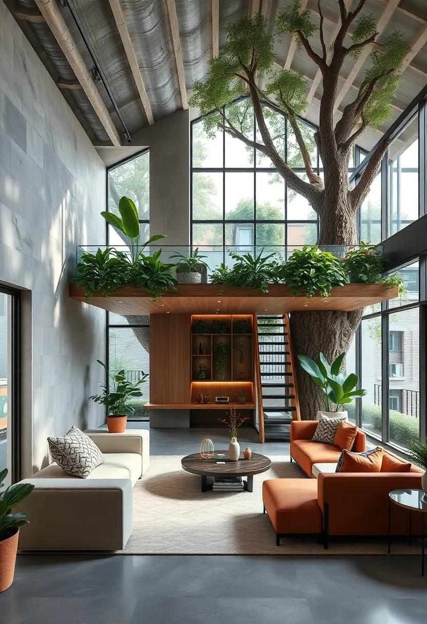 The Urban oasis: A modern treehouse that incorporates sleek glass panels and lush vertical gardens, blending seamlessly with its surroundings while‍ offering‍ a serene escape from the city buzz