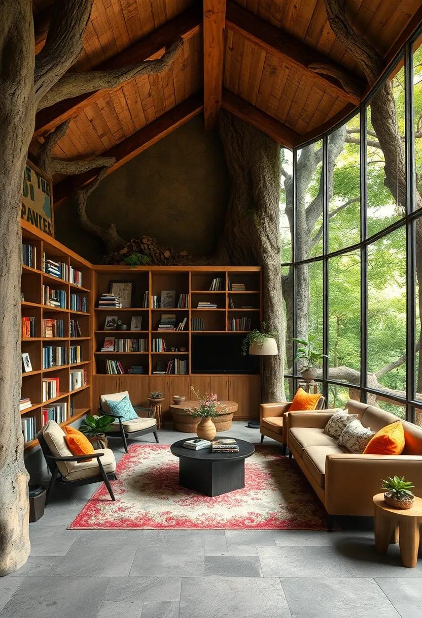 The Woodland Library: A literary haven perched high in the trees,filled with bookshelves,cozy reading nooks,and a quiet atmosphere,perfect for book lovers seeking solitude