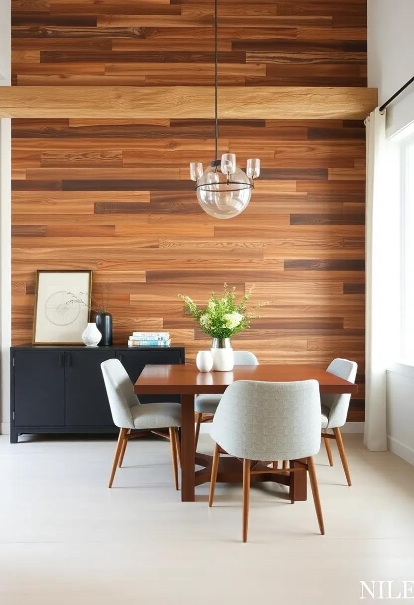 Embrace Nature: A reclaimed wood accent wall brings warmth and texture to your dining room, melding rustic charm with a modern aesthetic