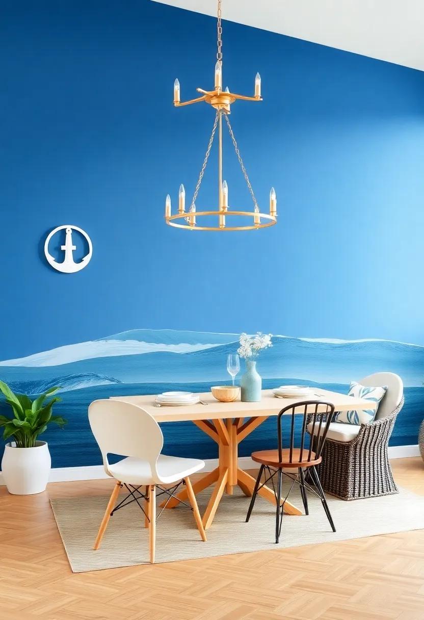 Nautical Vibes: Incorporate an ocean-inspired accent wall with blue hues and nautical motifs, setting a relaxed atmosphere perfect for seafood dinners