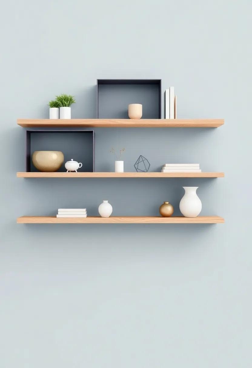 Layered Shelving: Create an accent wall with floating shelves that not only display decorative items but also serve as a canvas for creativity