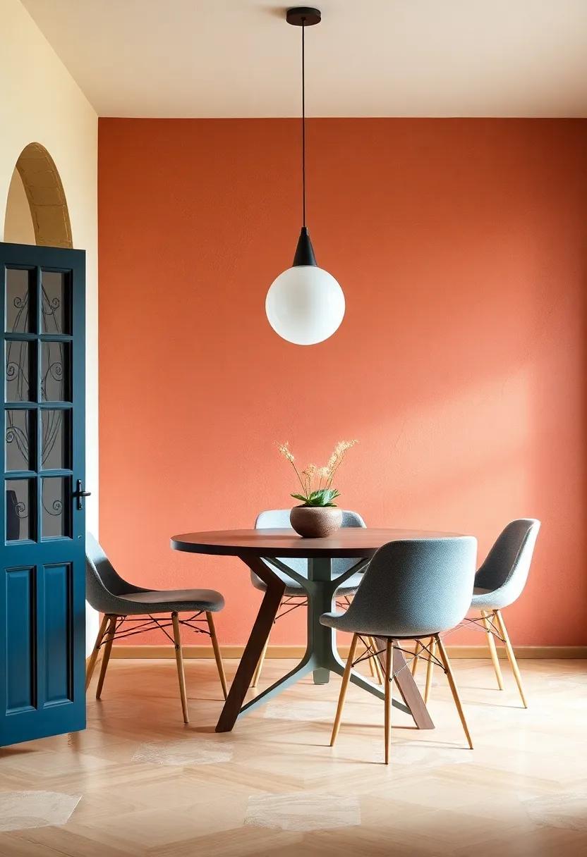 Earthy clay: An accent wall featuring terracotta or clay tones can create a warm, Mediterranean feel, inviting relaxation and convivial dining