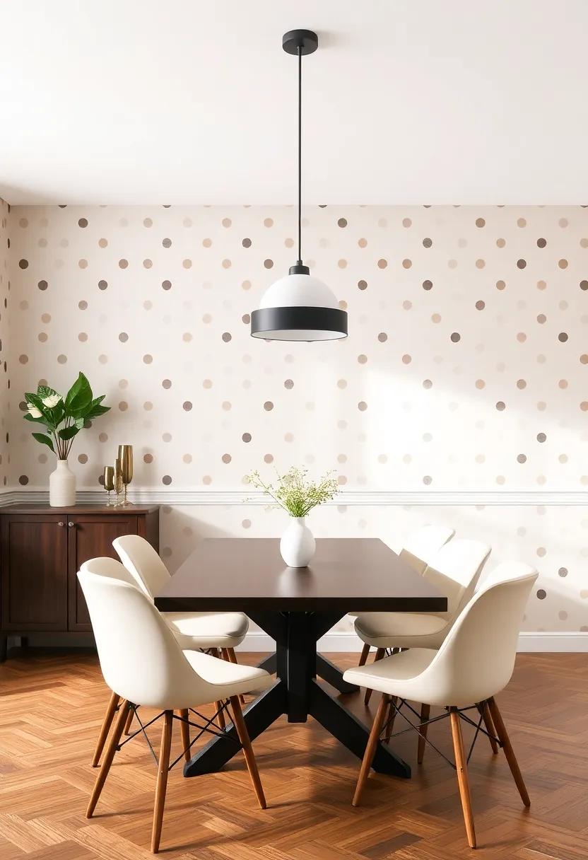 Play with Polka Dots: Large or small polka dot wallpaper adds a whimsical touch to your dining space, making it cheerful and fun for meals with family and friends