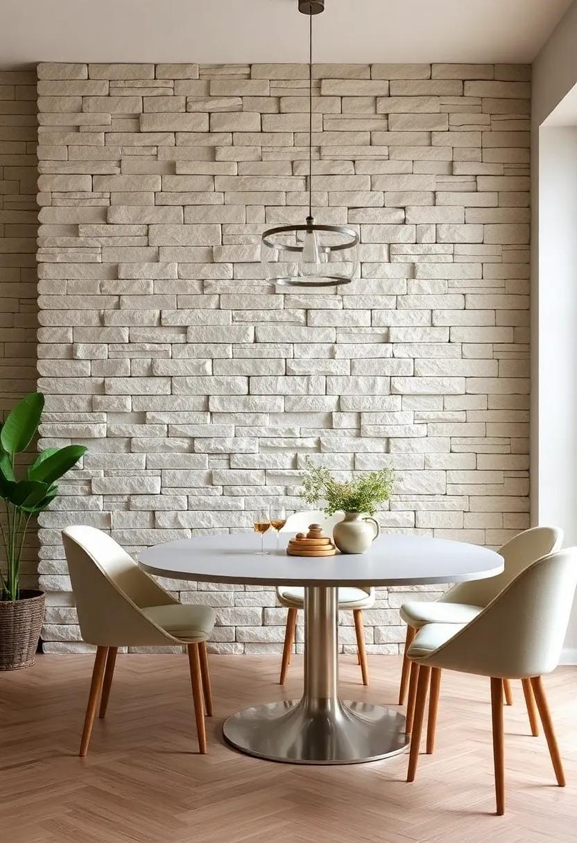 Rustic Stone: An accent wall of natural stone can introduce a solid, earthy feel, perfect for a warm and inviting dining atmosphere
