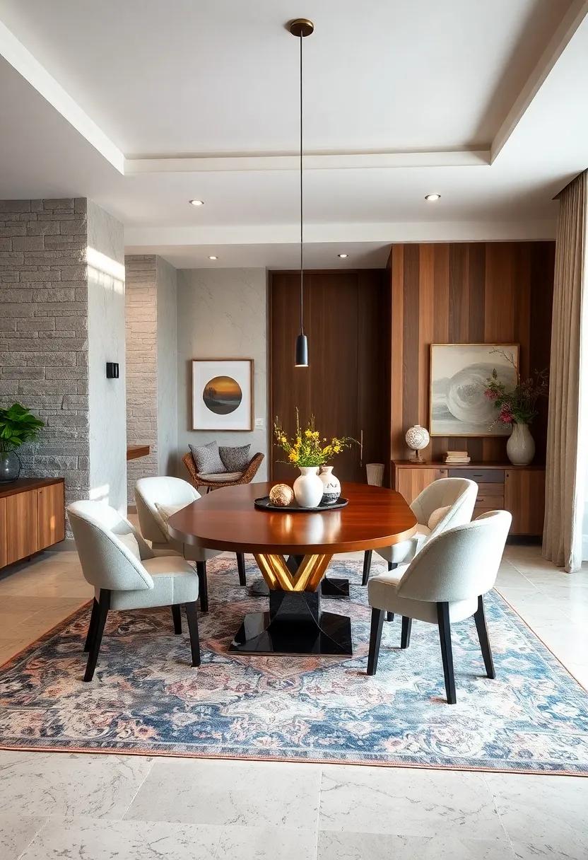 Use Rugs Wisely: A stylish area rug can anchor the dining space, adding warmth and defining the area while enhancing the overall aesthetic