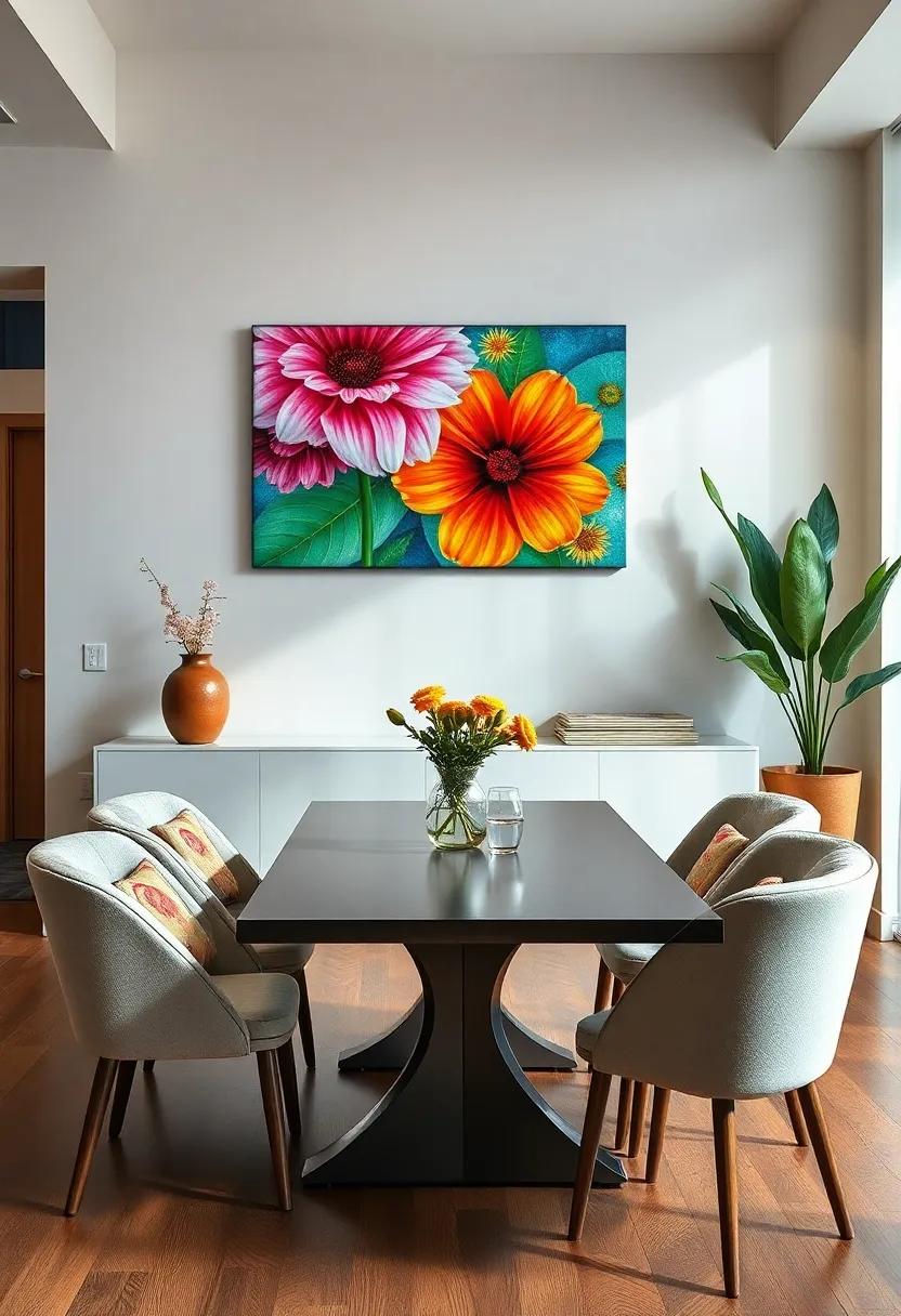 Floral Canvas Prints: Brighten the space with vibrant floral artwork that injects life and cheerfulness into your dining room setting