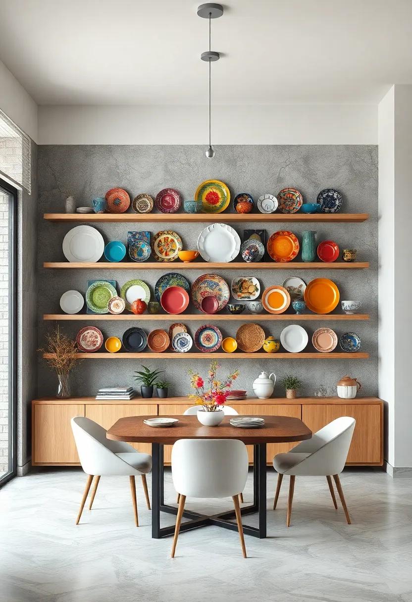 Colorful Plate Wall: Create ⁢a stunning display featuring colorful plates arranged artfully on open shelves as a visual ​feast