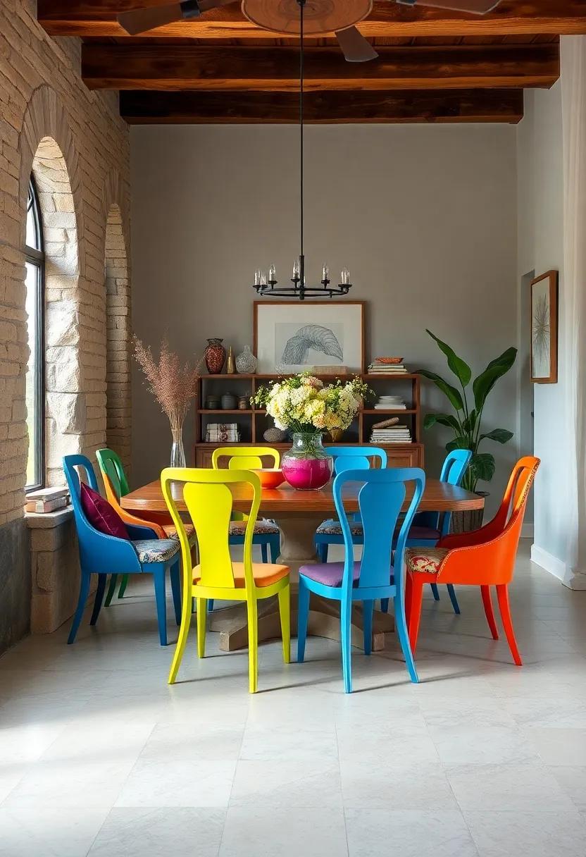 Upcycle Vintage Chairs with a Fresh Coat of Paint: Breathe new life into old chairs by painting them in bold colors or patterns that harmonize with your dining space
