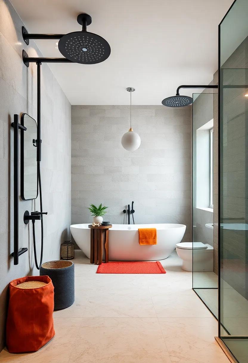 Industrial Edge: Take cues from industrial decor by using matte black dual showerheads against raw brick or‍ concrete walls