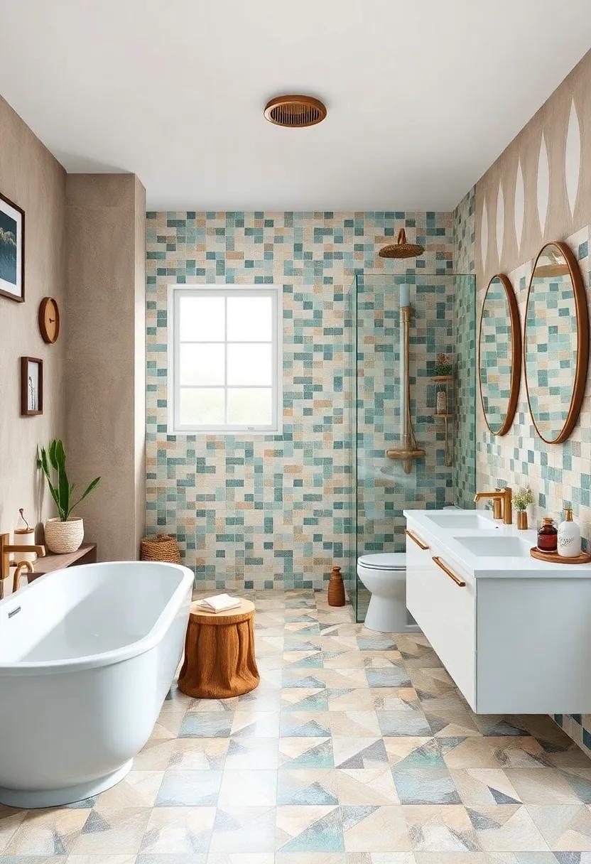Coastal Vibes: Beach-inspired mosaics in soft blues, sandy beiges, and seafoam greens create a refreshing coastal ambience