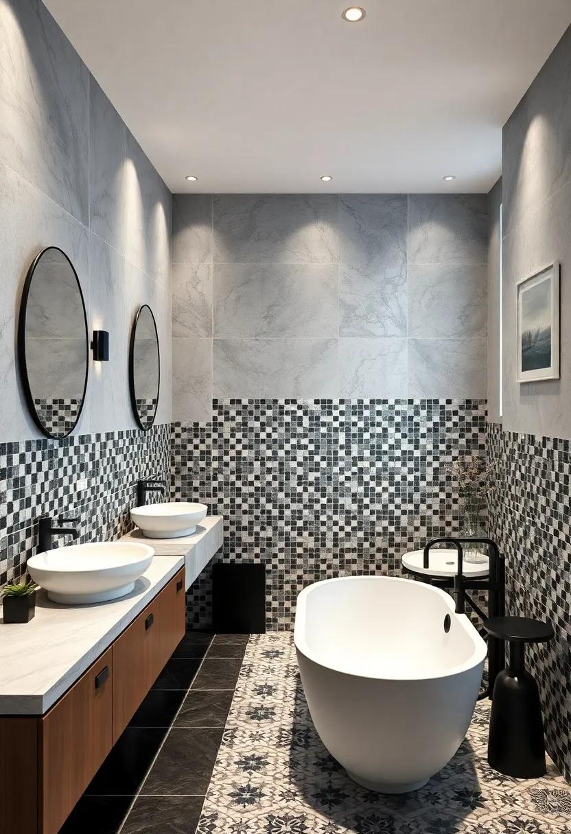 Monochrome Marvel: Sleek black and white tiles arranged in intricate patterns give the bathroom a sophisticated and timeless aesthetic