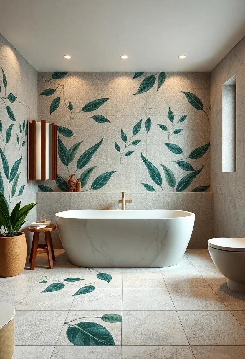 Nature Inspired: Mosaic tiles depicting leaves and natural elements transform the bathroom into a serene oasis,blending indoor and outdoor vibes