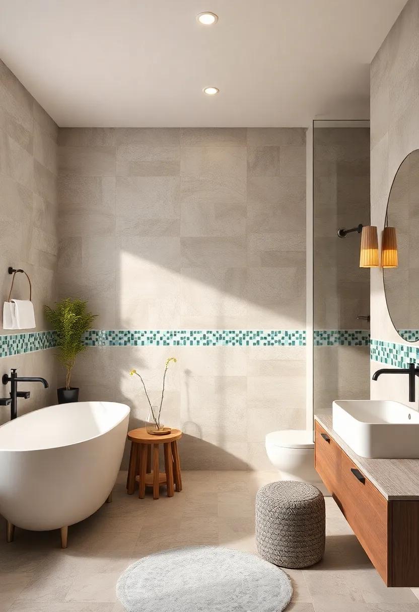 Striking Borders: Using mosaics as borders or trims around other materials provides a polished finish, highlighting the bathroom’s overall aesthetic