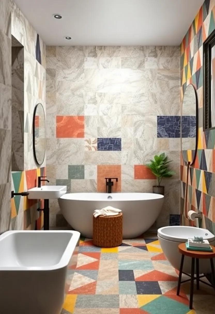 Vibrant Geometric Patterns: A bold interplay of geometric shapes in various colors creates a dynamic flow that invigorates the bathroom space
